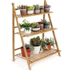 2Pcs Easy Folding Free Standing Bamboo And Wood 3 Tier Vertical Plant Stand